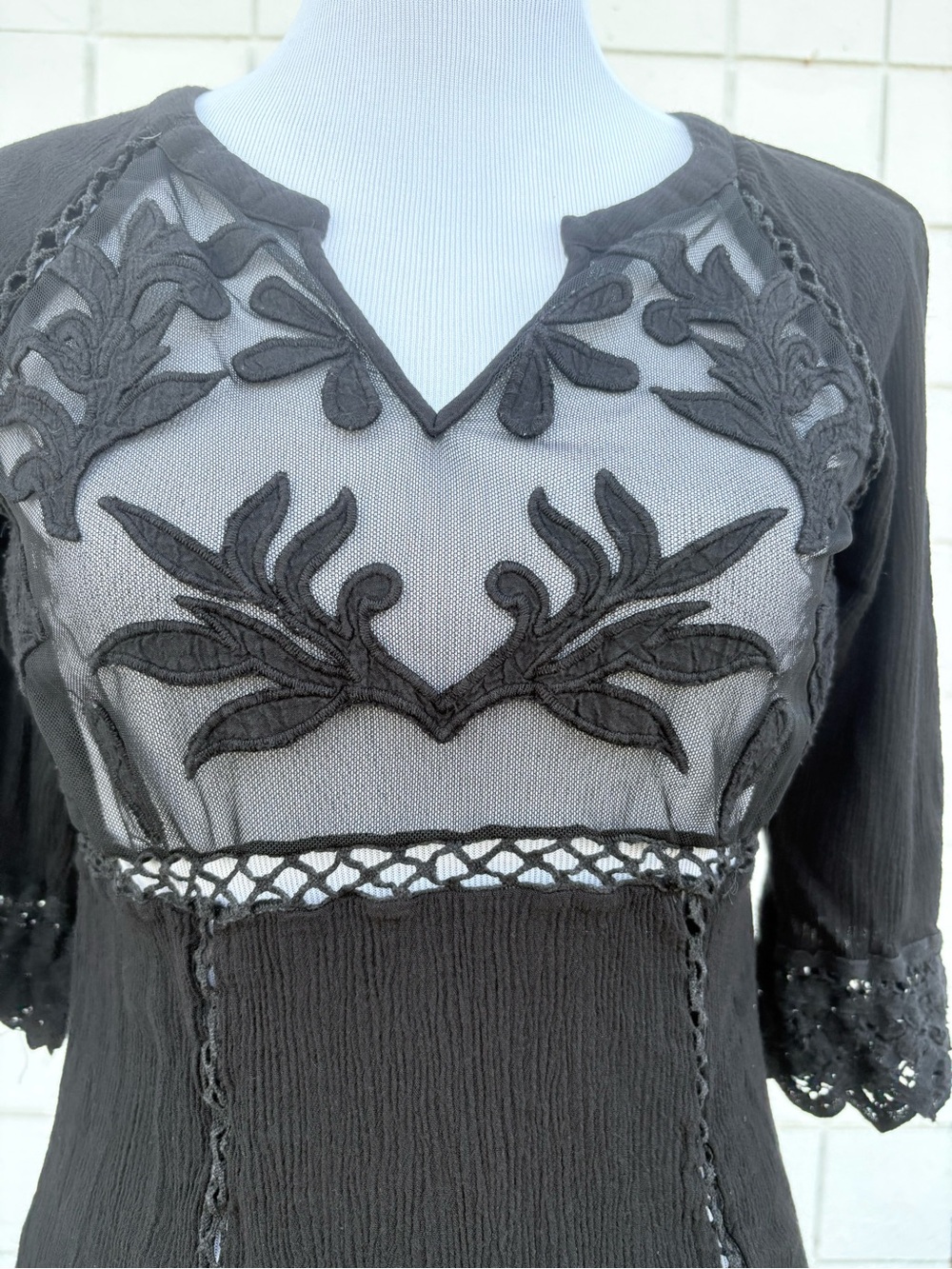 Black Boho Embroidered Mesh Yoke Blouse 0633